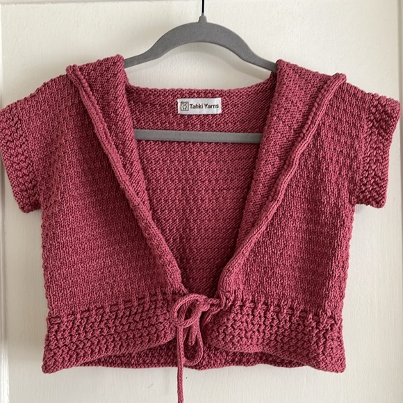 Tahki Yarns Hand Knit Cropped Drawstring Waist Hooded Cardigan Dusty Rose Pink - Picture 1 of 12